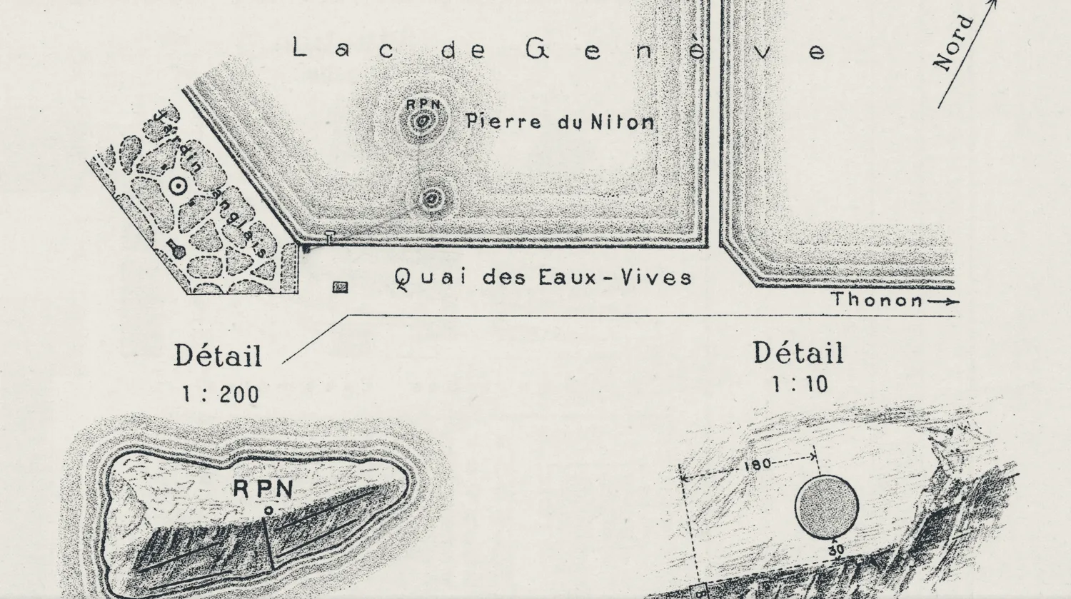 Relevé fédéral de la Pierre du Niton : plan de la rade, détail 1:200 du bloc et détail 1:10 du repère.
